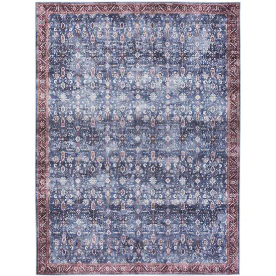 Blue and Red Oriental Power Loom Distressed Washable Non Skid Area Rug Photo 1