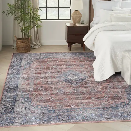 Blue and Red Oriental Power Loom Distressed Washable Non Skid Area Rug Photo 7