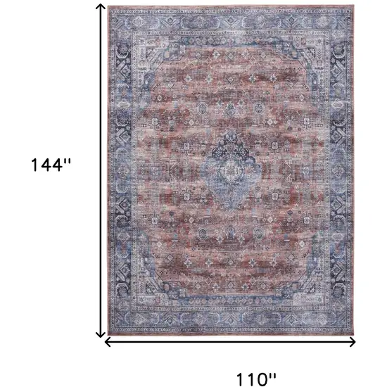 Blue and Red Oriental Power Loom Distressed Washable Non Skid Area Rug Photo 10