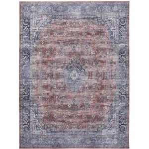 Photo of Blue and Red Oriental Power Loom Distressed Washable Non Skid Area Rug