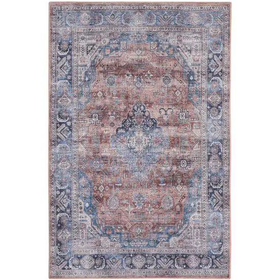 Blue and Red Oriental Power Loom Distressed Washable Non Skid Area Rug Photo 2