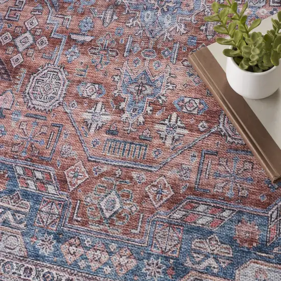 Blue and Red Oriental Power Loom Distressed Washable Non Skid Area Rug Photo 9