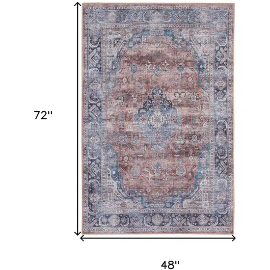 Blue and Red Oriental Power Loom Distressed Washable Non Skid Area Rug Photo 3