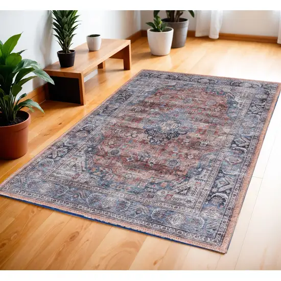 Blue and Red Oriental Power Loom Distressed Washable Non Skid Area Rug Photo 1