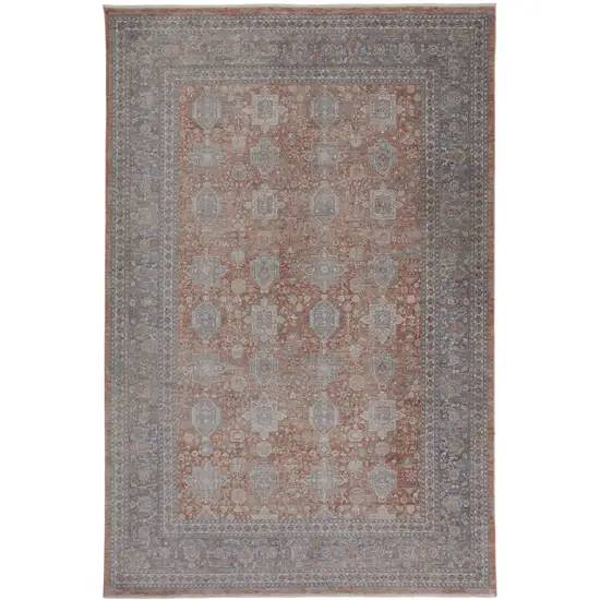 Blue and Red Oriental Power Loom Worn Faded Area Rug With Fringe Photo 4