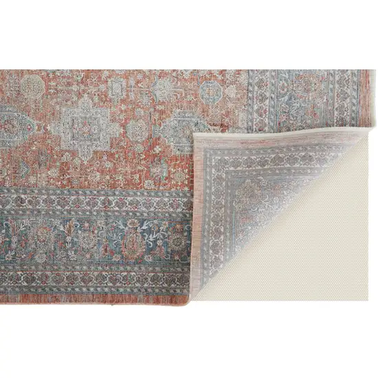 Blue and Red Oriental Power Loom Worn Faded Area Rug With Fringe Photo 8