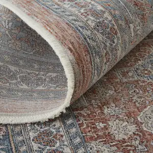 Photo of Blue and Red Oriental Power Loom Worn Faded Area Rug With Fringe