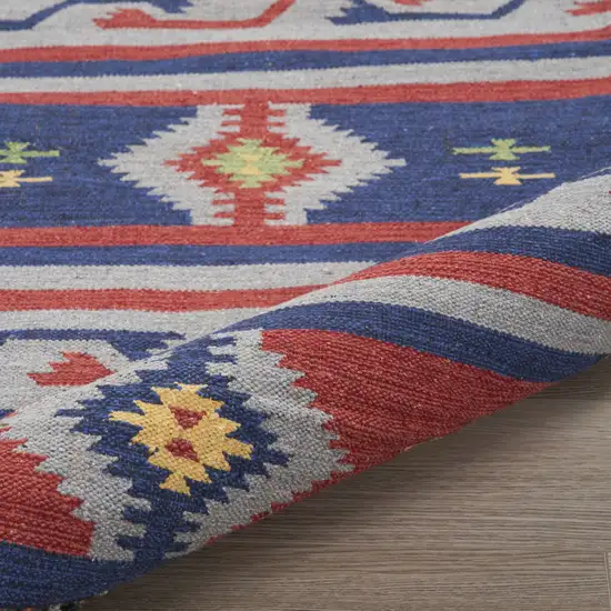 Blue and Red Southwestern Handmade Area Rug With Fringe Photo 6