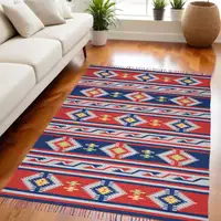 Photo of Blue and Red Southwestern Handmade Area Rug With Fringe