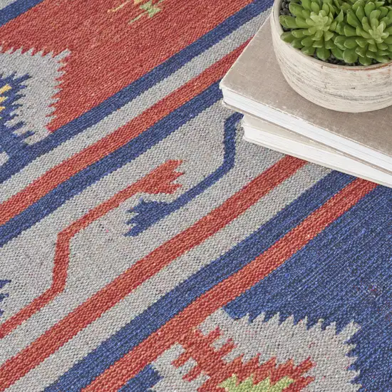 Blue and Red Southwestern Handmade Area Rug With Fringe Photo 7