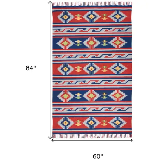 Blue and Red Southwestern Handmade Area Rug With Fringe Photo 3