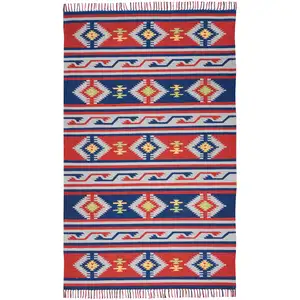 Photo of Blue and Red Southwestern Handmade Area Rug With Fringe