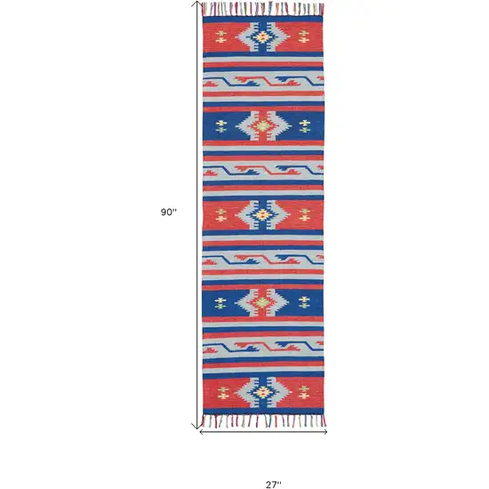 Blue and Red Southwestern Handmade Runner Rug With Fringe Photo 3