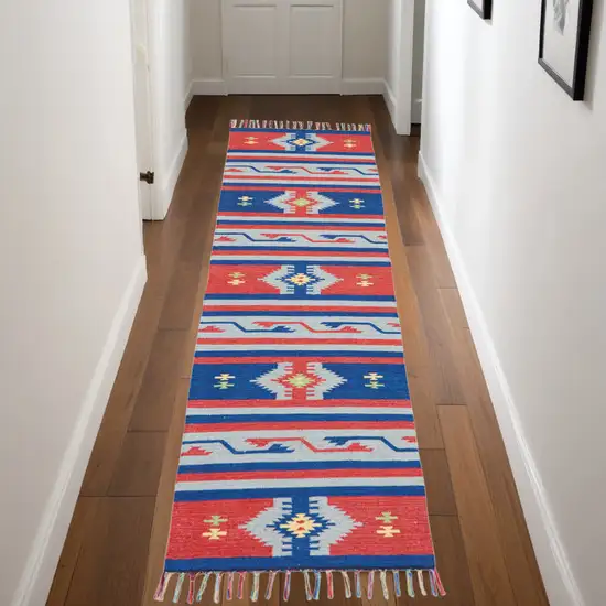 Blue and Red Southwestern Handmade Runner Rug With Fringe Photo 1