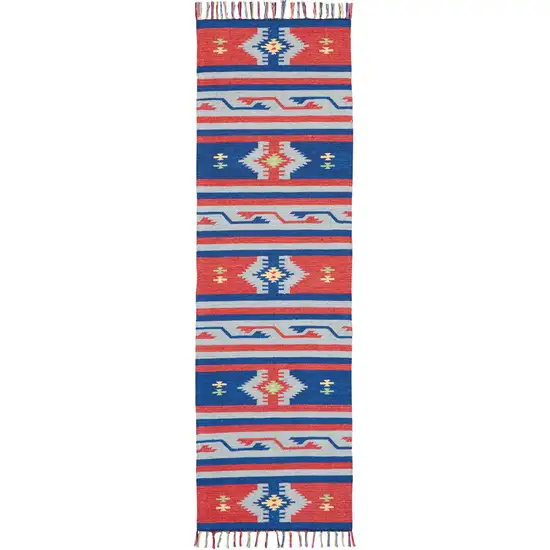 Blue and Red Southwestern Handmade Runner Rug With Fringe Photo 2