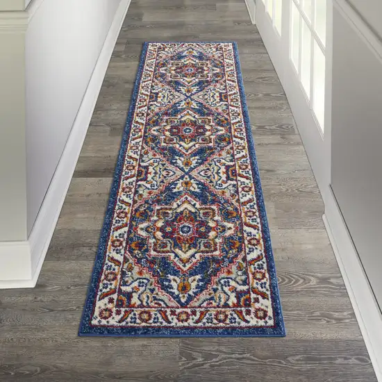 8' Blue And Ivory Power Loom Runner Rug Photo 7