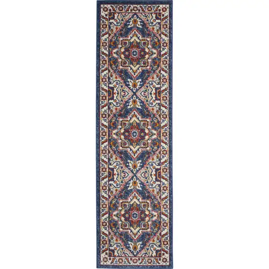 8' Blue And Ivory Medallion Distressed Runner Rug Photo 2