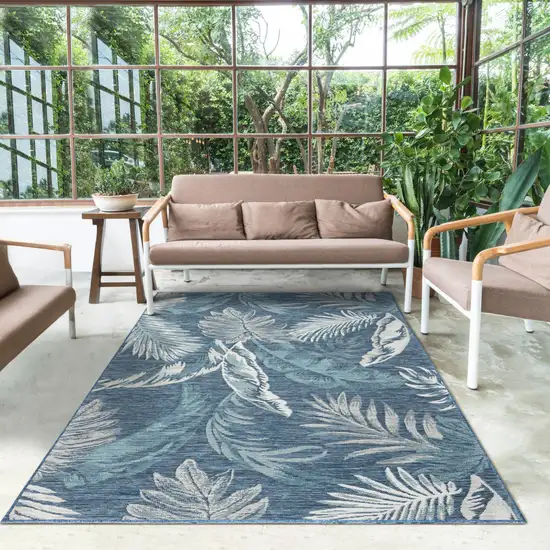 Blue and Serene White Palm Leaf Stain Resistant Indoor Outdoor Area Rug Photo 9