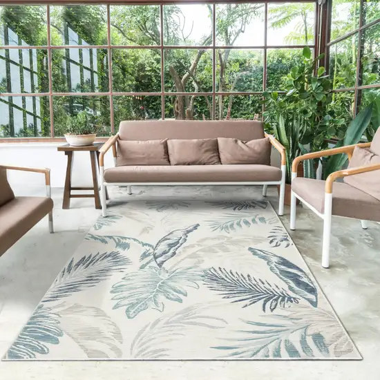 Blue and Serene White Palm Leaf Stain Resistant Indoor Outdoor Area Rug Photo 8