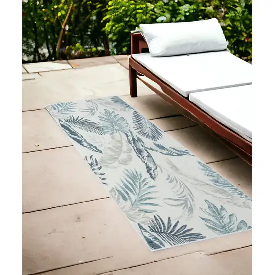 Blue and Serene White Palm Leaf Stain Resistant Indoor Outdoor Runner Rug Photo 1