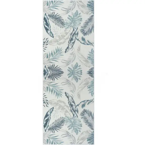 Blue and Serene White Palm Leaf Stain Resistant Indoor Outdoor Runner Rug Photo 2