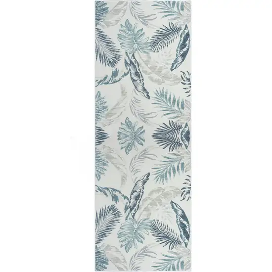 Blue and Serene White Palm Leaf Stain Resistant Indoor Outdoor Runner Rug Photo 6