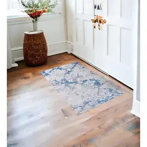 Photo of Blue and Silver Abstract Printed Washable Non Skid Area Rug