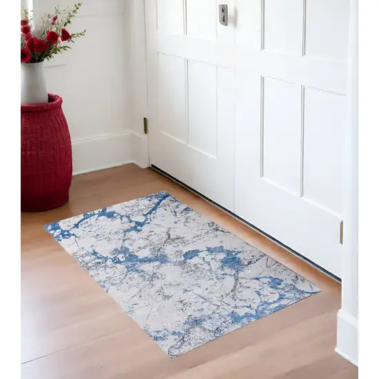 Blue and Silver Abstract Printed Washable Non Skid Area Rug Photo 1