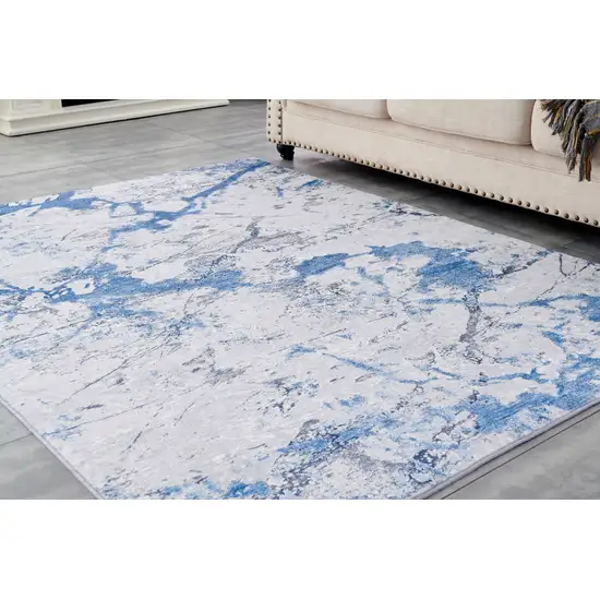 Blue and Silver Abstract Printed Washable Non Skid Area Rug Photo 8