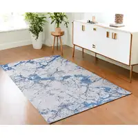 Photo of Blue and Silver Abstract Printed Washable Non Skid Area Rug