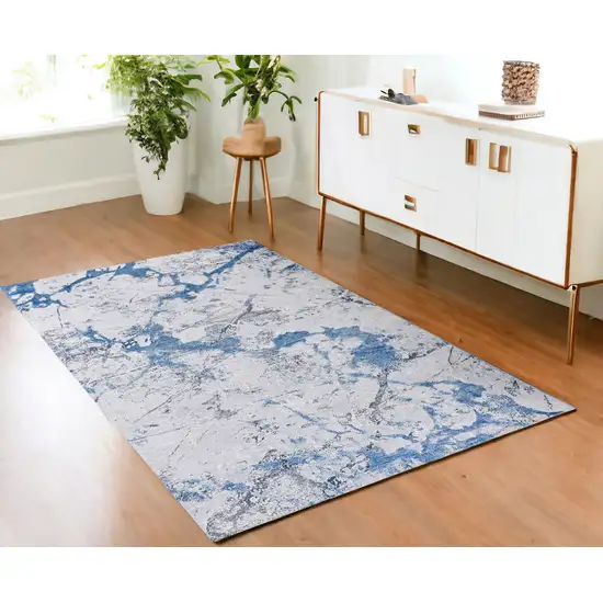 Blue and Silver Abstract Printed Washable Non Skid Area Rug Photo 1