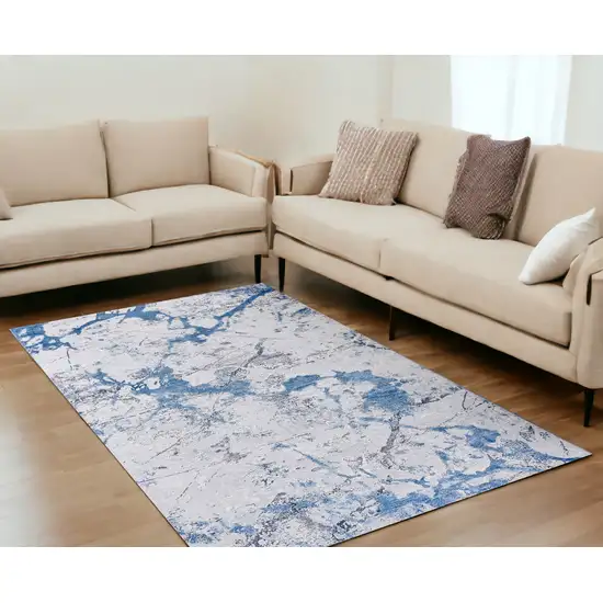 Blue and Silver Abstract Printed Washable Non Skid Area Rug Photo 1