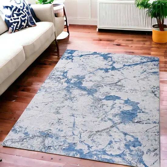 Blue and Silver Abstract Printed Washable Non Skid Area Rug Photo 1