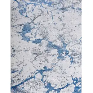 Photo of Blue and Silver Abstract Shag Printed Washable Non Skid Area Rug