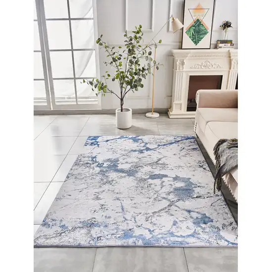 Blue and Silver Abstract Shag Printed Washable Non Skid Area Rug Photo 9