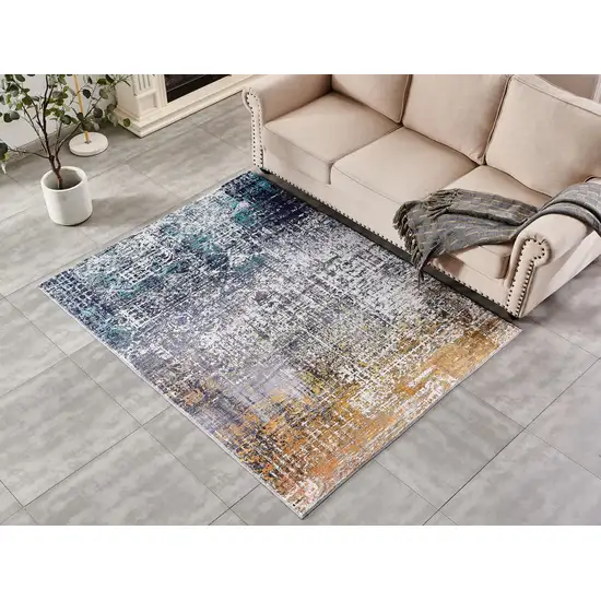 Blue and Silver Abstract Shag Printed Washable Non Skid Area Rug Photo 8