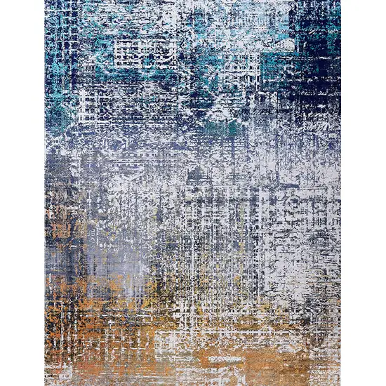 Blue and Silver Abstract Shag Printed Washable Non Skid Area Rug Photo 4