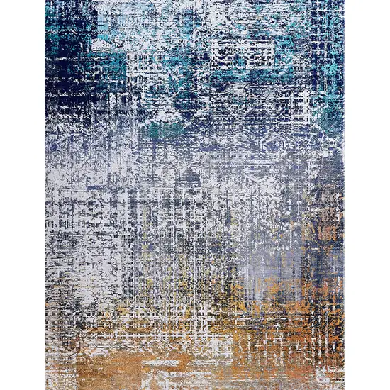 Blue and Silver Abstract Shag Printed Washable Non Skid Area Rug Photo 3