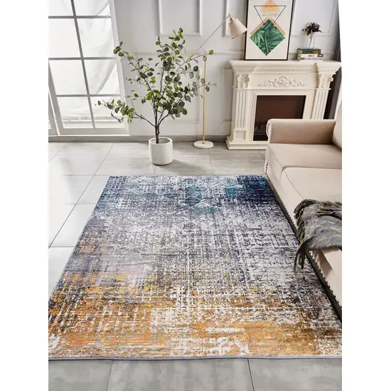 Blue and Silver Abstract Shag Printed Washable Non Skid Area Rug Photo 9