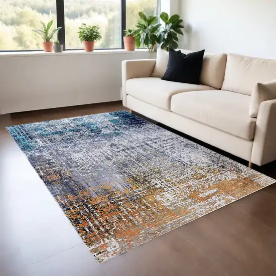 Blue and Silver Abstract Shag Printed Washable Non Skid Area Rug Photo 2