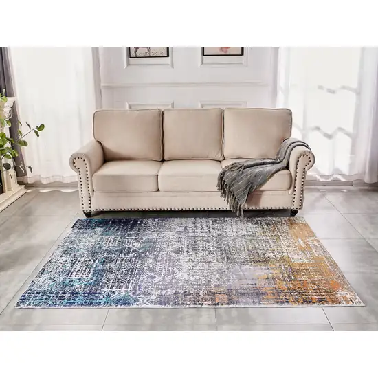 Blue and Silver Abstract Shag Printed Washable Non Skid Area Rug Photo 9