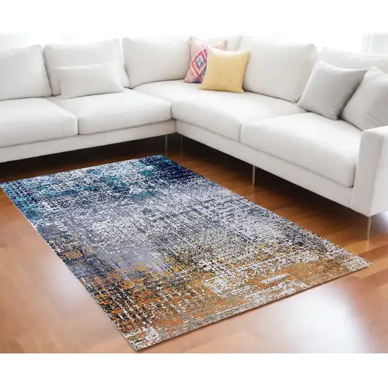 Blue and Silver Abstract Shag Printed Washable Non Skid Area Rug Photo 2