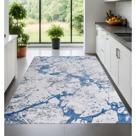 Blue and Silver Abstract Washable Non Skid Area Rug Photo 2