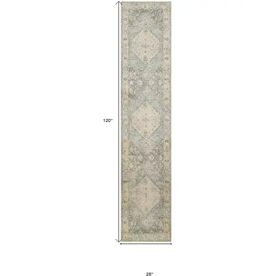 Blue and Silver Floral Medallion Power Loom Distressed Washable Runner Rug Photo 3