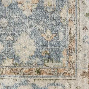 Photo of Blue and Silver Floral Medallion Power Loom Distressed Washable Runner Rug