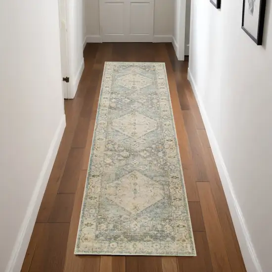 Blue and Silver Floral Medallion Power Loom Distressed Washable Runner Rug Photo 1