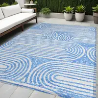 Photo of Blue and White Abstract Washable Non Skid Indoor Outdoor Area Rug