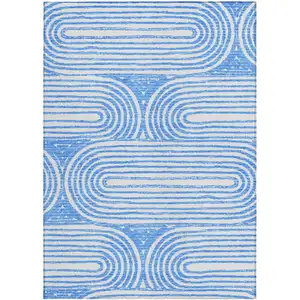 Photo of Blue and White Abstract Washable Non Skid Indoor Outdoor Area Rug