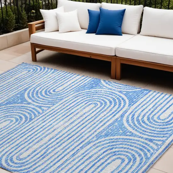 Blue and White Abstract Washable Non Skid Indoor Outdoor Area Rug Photo 1