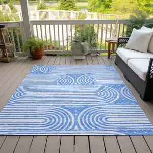 Photo of Blue and White Abstract Washable Non Skid Indoor Outdoor Area Rug